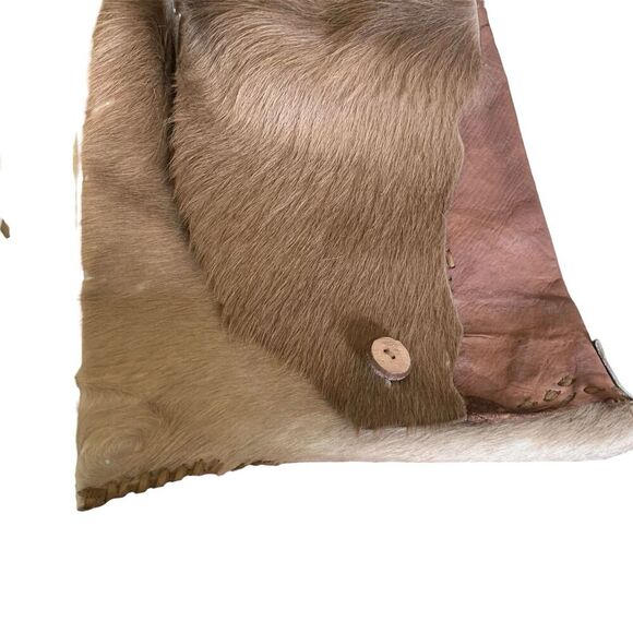 Full Grain Leather Mixed Animal Fur Shoulder Bag Tote Mexico Handmade Brown Boho - Picture 12 of 16